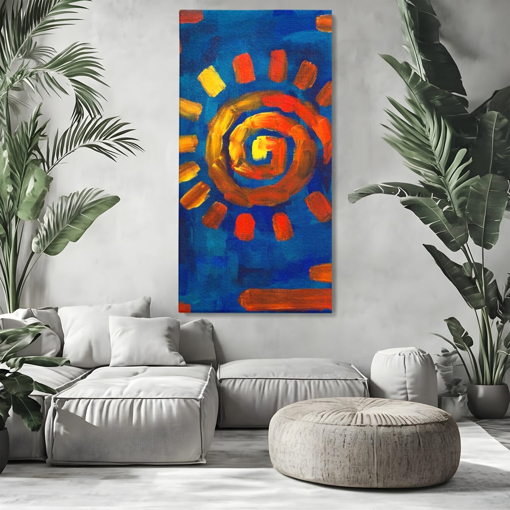 Tablou canvas cu tablou pictura cu soare spiralat, fara rama, pe sasiu de lemn, pe perete intr-un living